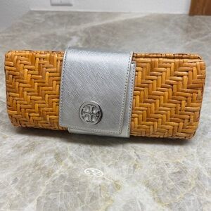 Tory Burch Tan and Silver Woven Clutch